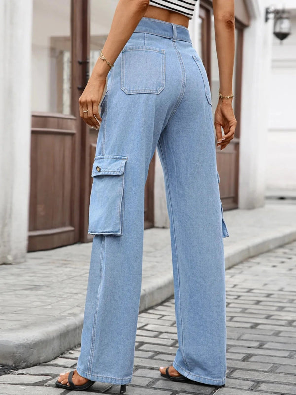 High - Waisted Multi - Pocket Cargo Jeans - ShalayeFashion