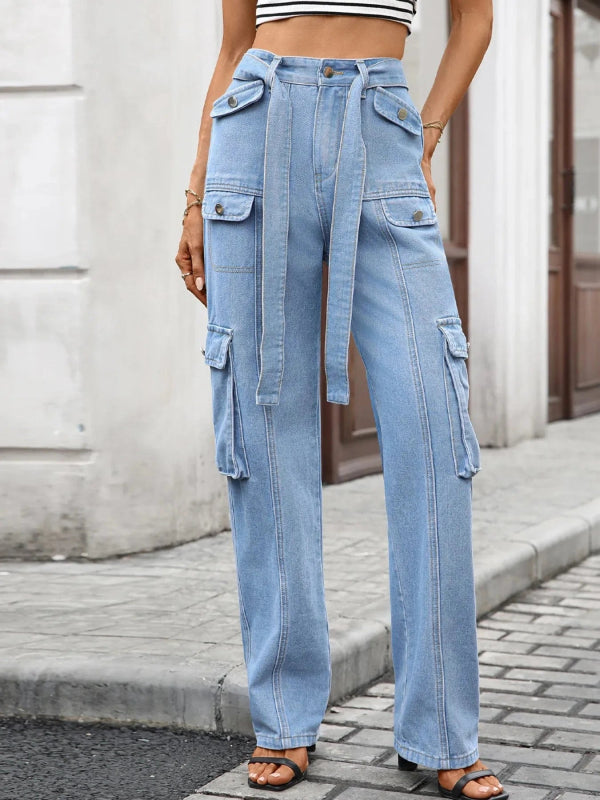 High - Waisted Multi - Pocket Cargo Jeans - ShalayeFashion