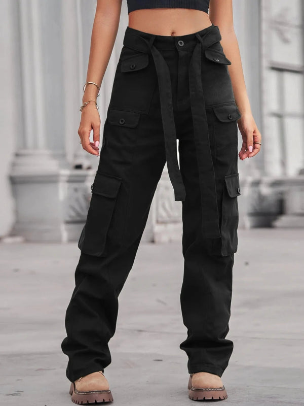 High - Waisted Multi - Pocket Cargo Jeans - ShalayeFashion