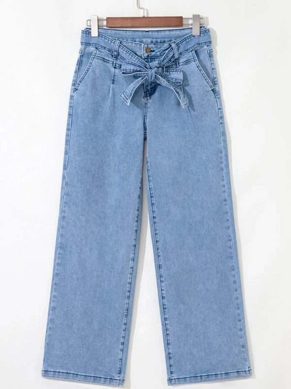 High Waisted Wide Leg Belted Jeans - ShalayeFashion