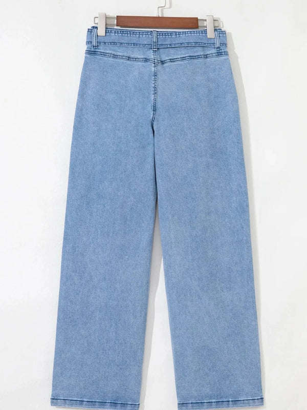 High Waisted Wide Leg Belted Jeans - ShalayeFashion