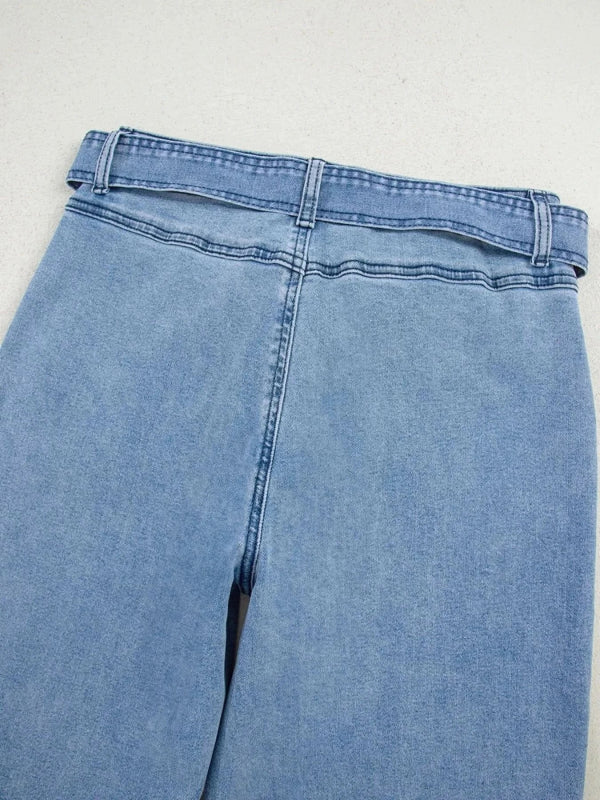 High Waisted Wide Leg Belted Jeans - ShalayeFashion