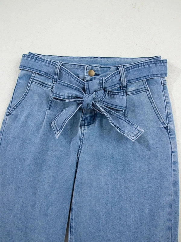 High Waisted Wide Leg Belted Jeans - ShalayeFashion