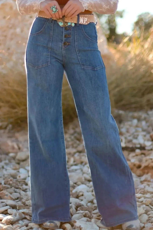 High - Waisted Wide - Leg Button - Front Jeans - ShalayeFashion