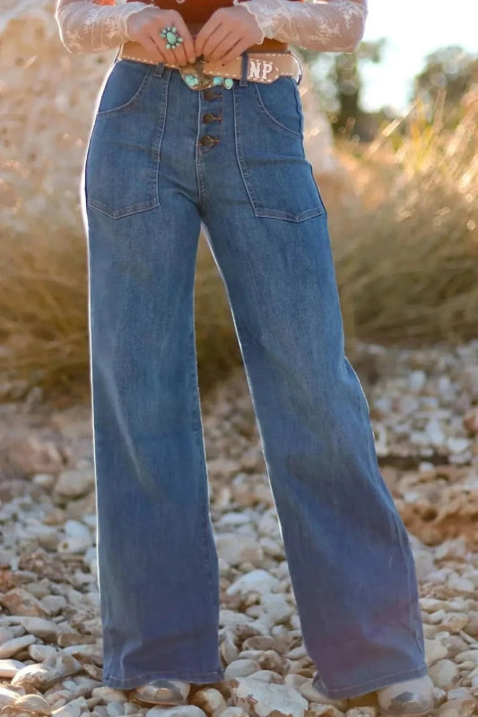 High - Waisted Wide - Leg Button - Front Jeans - ShalayeFashion