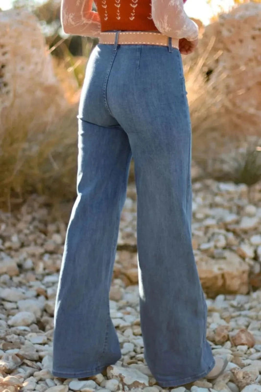 High - Waisted Wide - Leg Button - Front Jeans - ShalayeFashion