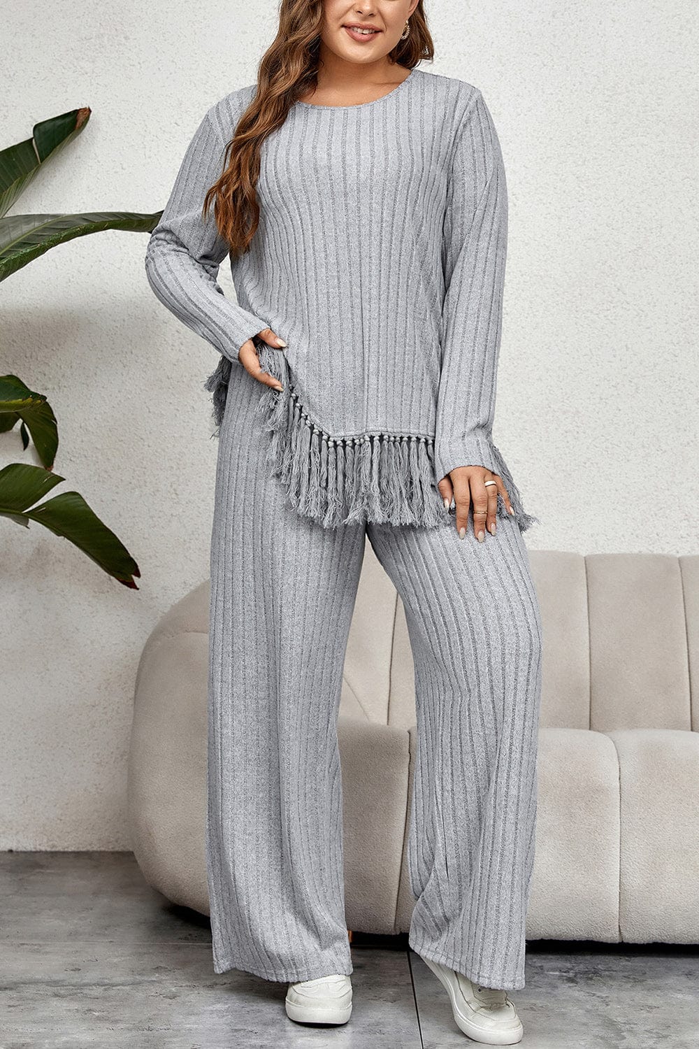 Honey Plus Size Tassel Hem Top and Pants Set - ShalayeFashion
