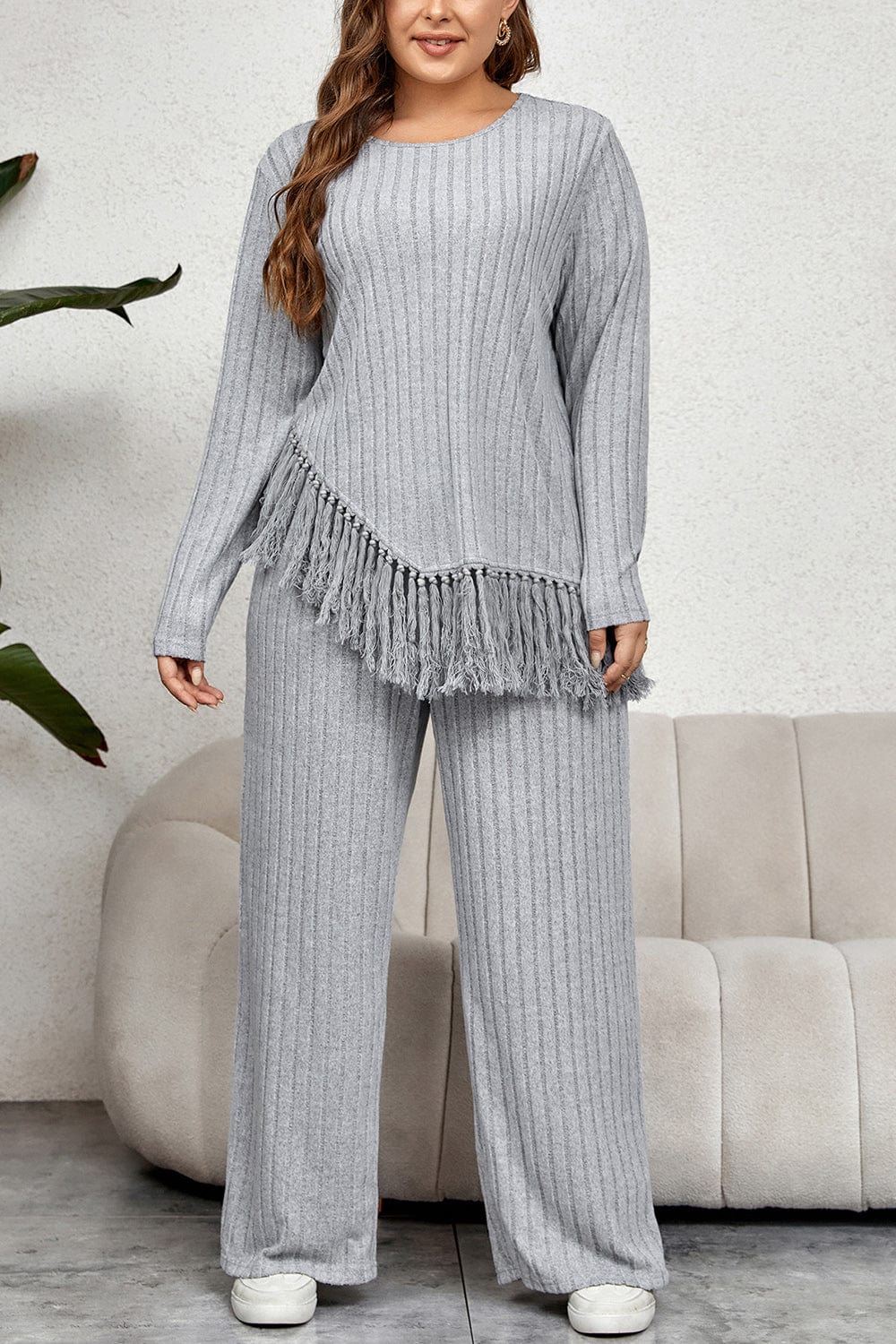 Honey Plus Size Tassel Hem Top and Pants Set - ShalayeFashion