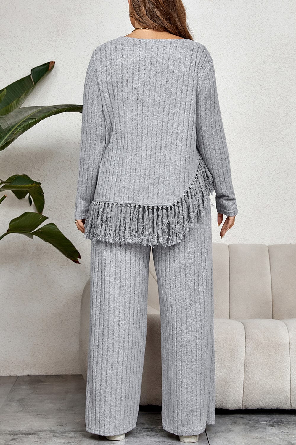 Honey Plus Size Tassel Hem Top and Pants Set - ShalayeFashion