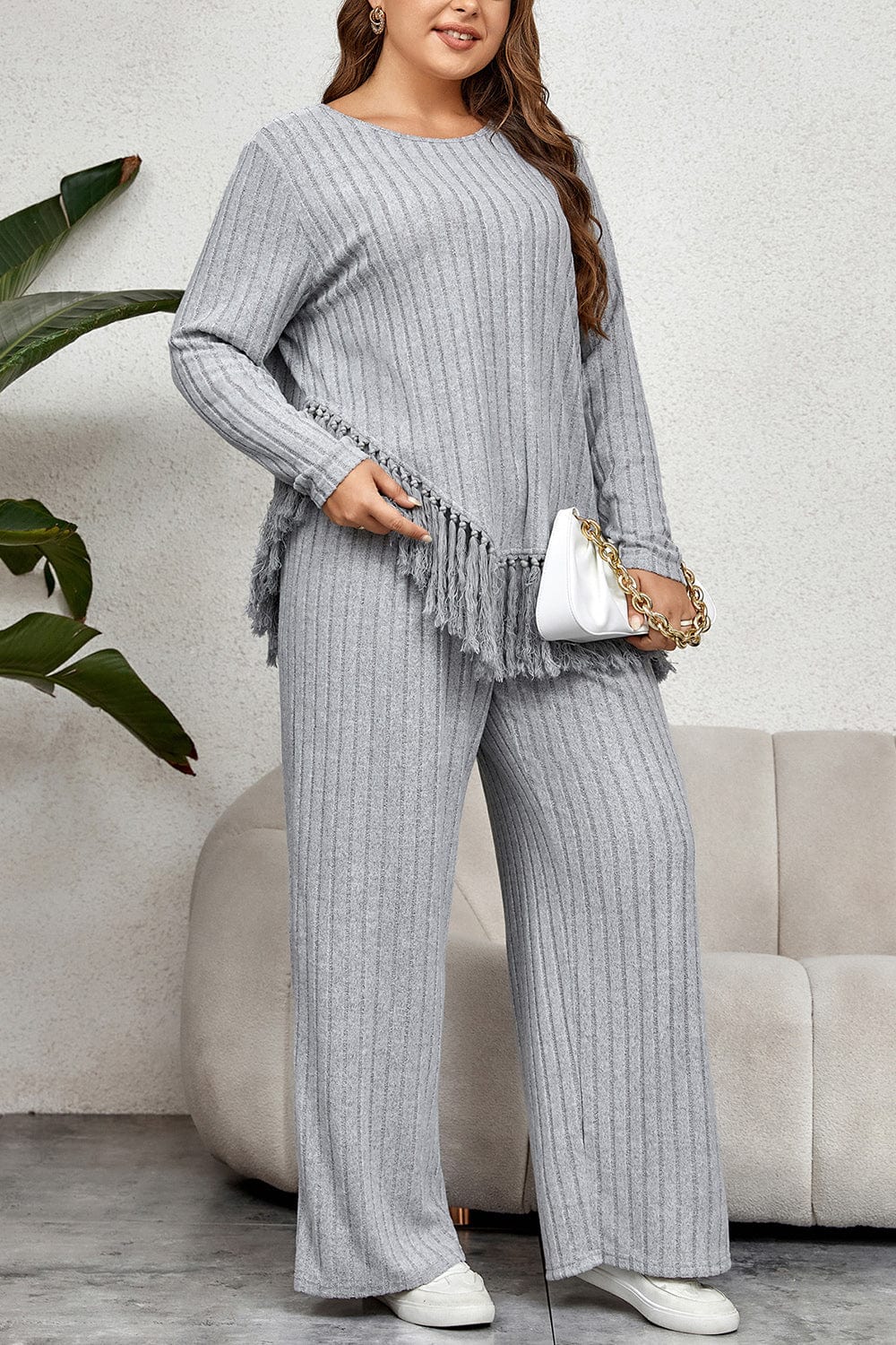 Honey Plus Size Tassel Hem Top and Pants Set - ShalayeFashion