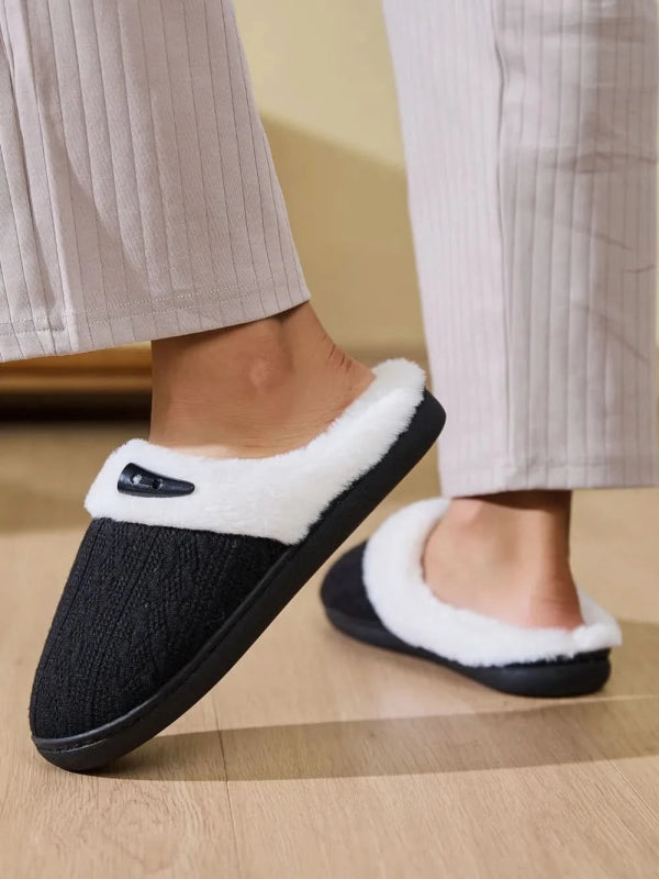 Horn Buckle Furry Texture Flat Slippers - ShalayeFashion