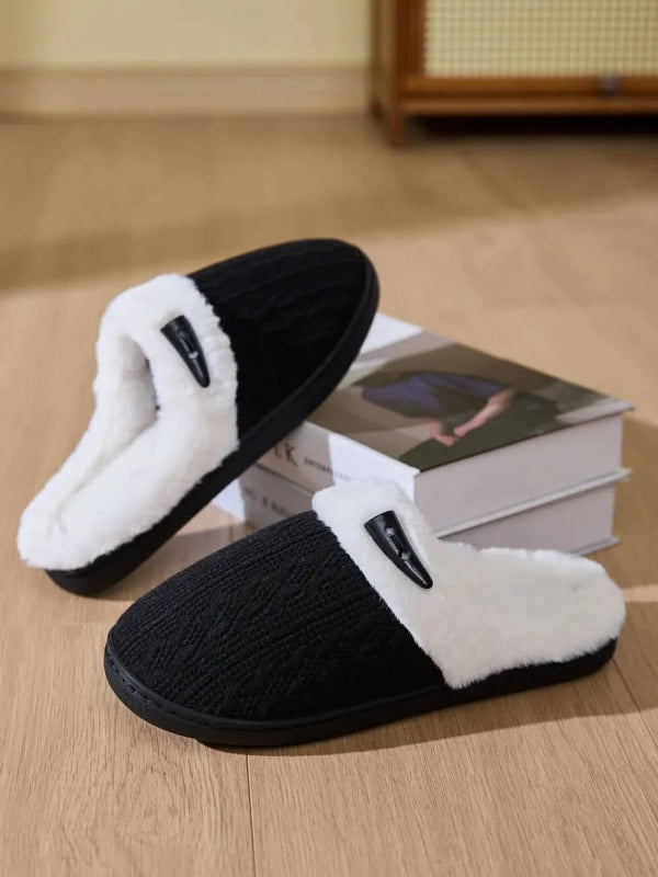 Horn Buckle Furry Texture Flat Slippers - ShalayeFashion