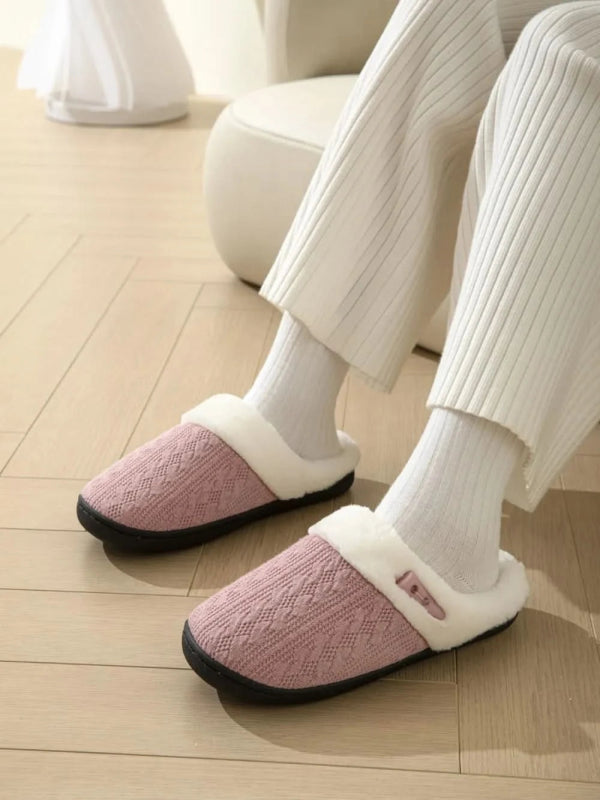 Horn Buckle Furry Texture Flat Slippers - ShalayeFashion