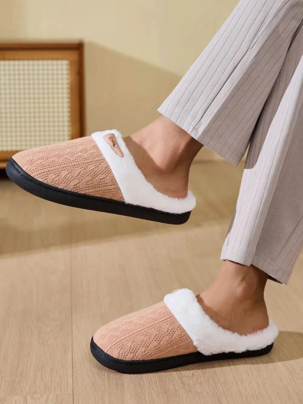 Horn Buckle Furry Texture Flat Slippers - ShalayeFashion