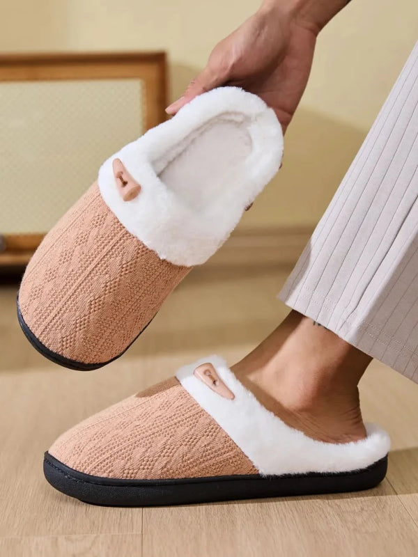 Horn Buckle Furry Texture Flat Slippers - ShalayeFashion