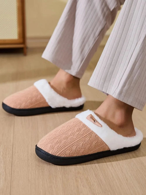 Horn Buckle Furry Texture Flat Slippers - ShalayeFashion