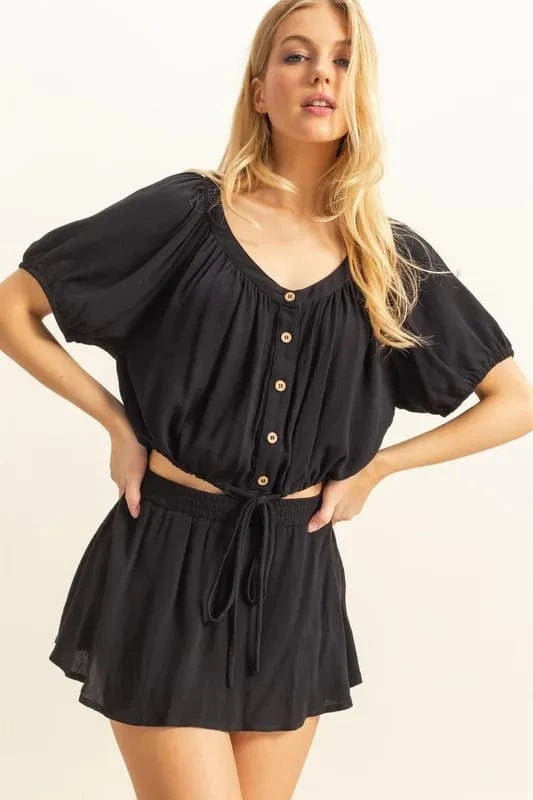 HYFVE Drawstring Hem Short Sleeve Top and Skort Set - ShalayeFashion
