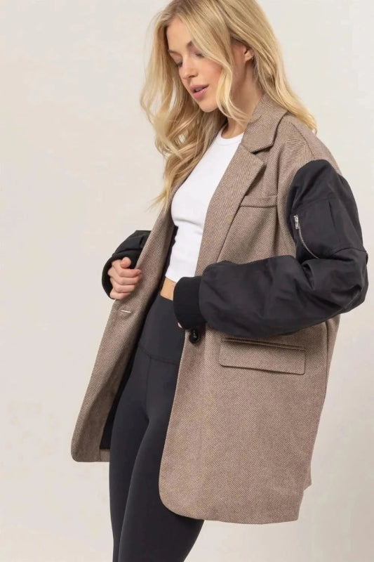 HYFVE Herringbone Mixed Media Contrast Long Sleeve Blazer - ShalayeFashion