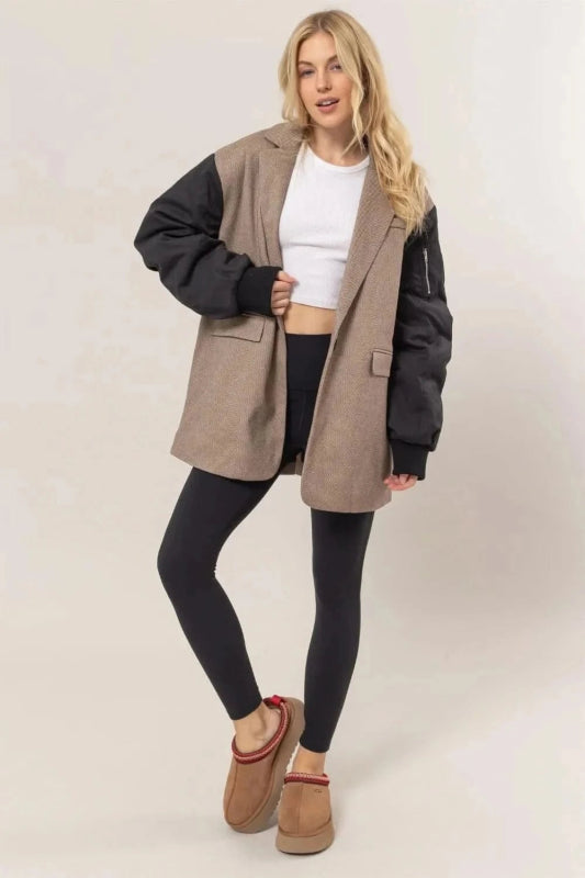HYFVE Herringbone Mixed Media Contrast Long Sleeve Blazer - ShalayeFashion