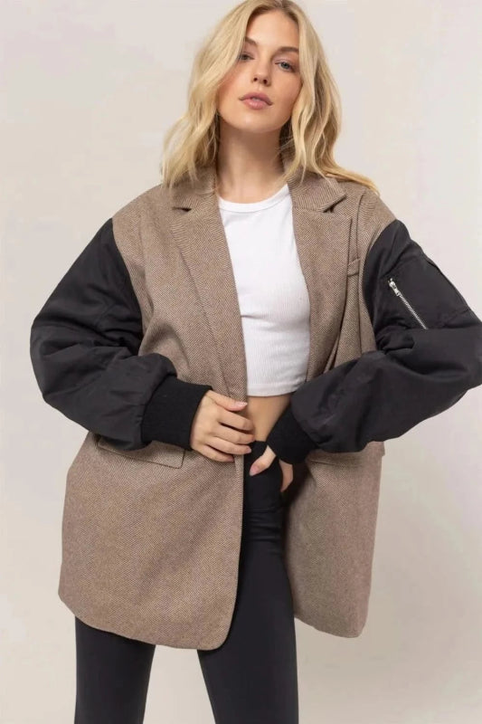 HYFVE Herringbone Mixed Media Contrast Long Sleeve Blazer - ShalayeFashion