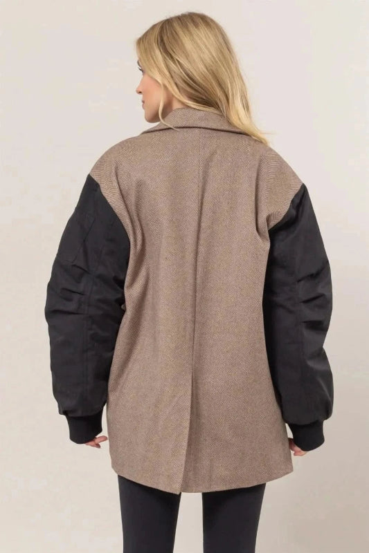 HYFVE Herringbone Mixed Media Contrast Long Sleeve Blazer - ShalayeFashion