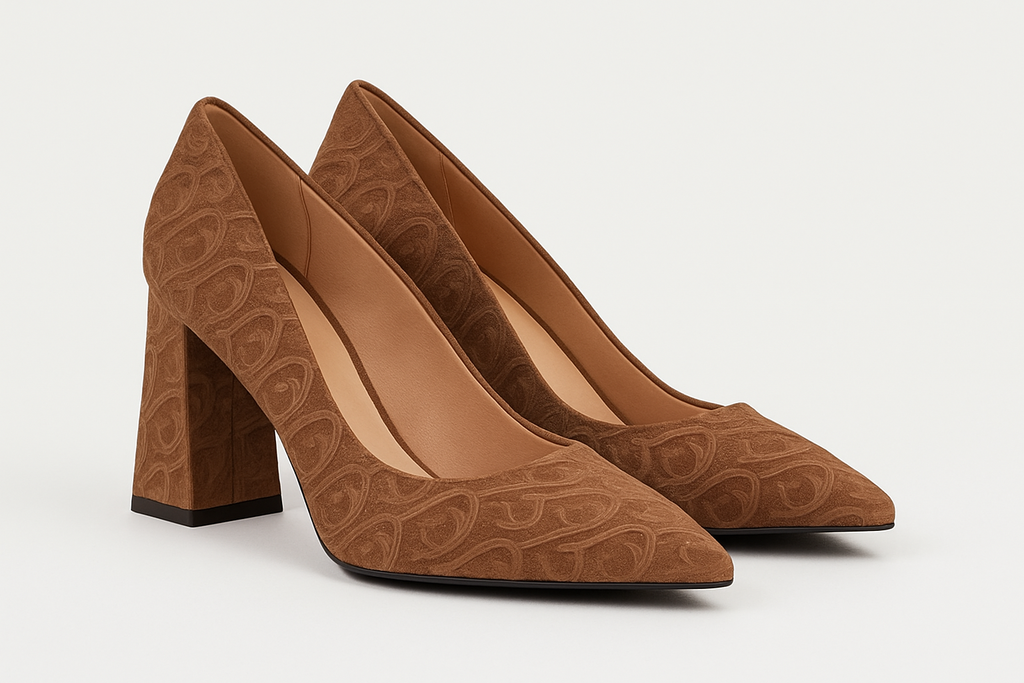 Pair of embossed pattern block heel pumps