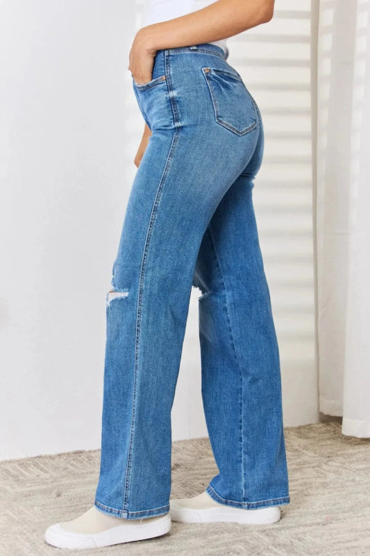 Judy Blue Full Size High Waist Distressed Straight - Leg Jeans - ShalayeFashion
