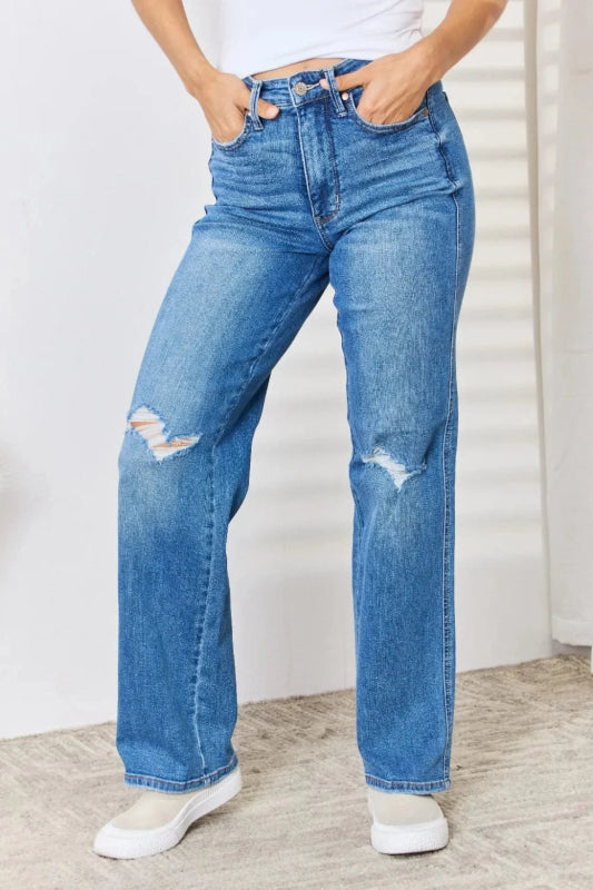 Judy Blue Full Size High Waist Distressed Straight - Leg Jeans - ShalayeFashion