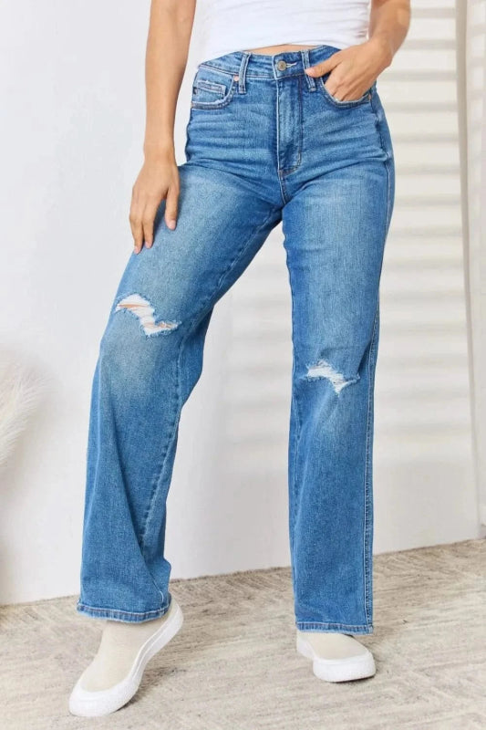 Judy Blue Full Size High Waist Distressed Straight - Leg Jeans - ShalayeFashion