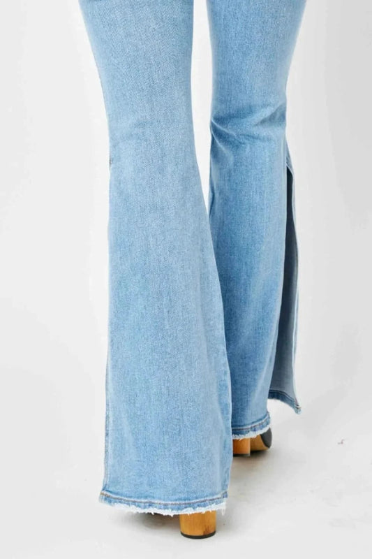Judy Blue Full Size Mid Rise Raw Hem Slit Flare Jeans - ShalayeFashion