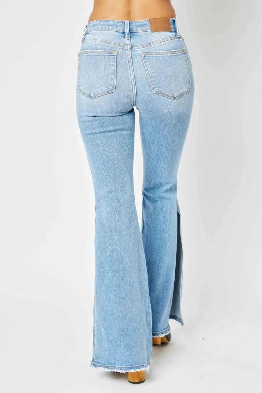 Judy Blue Full Size Mid Rise Raw Hem Slit Flare Jeans - ShalayeFashion