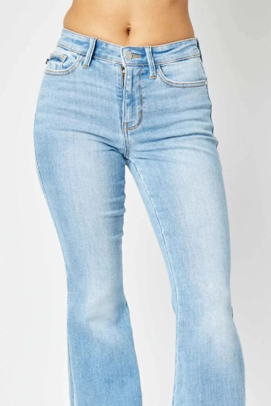 Judy Blue Full Size Mid Rise Raw Hem Slit Flare Jeans - ShalayeFashion
