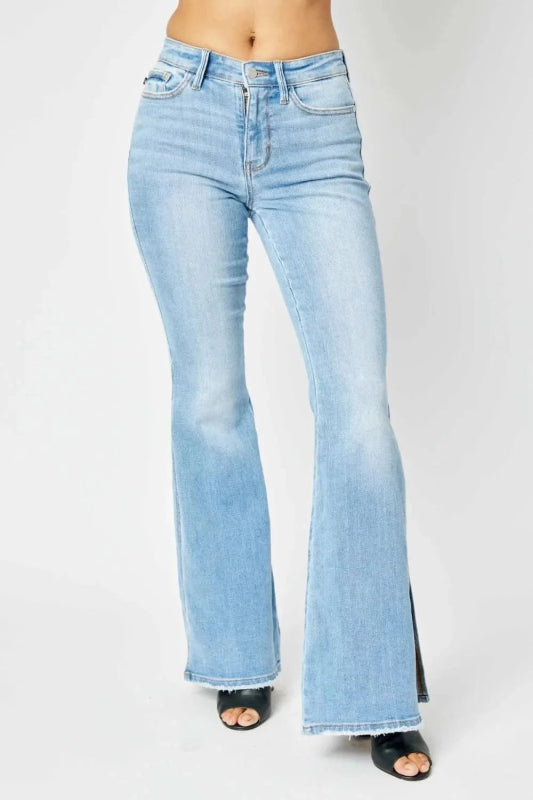 Judy Blue Full Size Mid Rise Raw Hem Slit Flare Jeans - ShalayeFashion