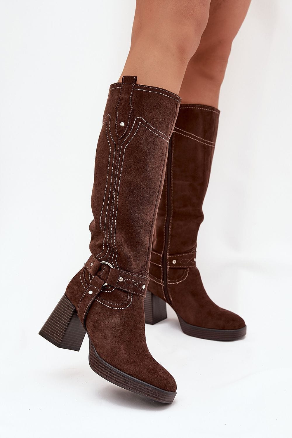 Knee - High Eco Suede Boots Women Post Heel - ShalayeFashion