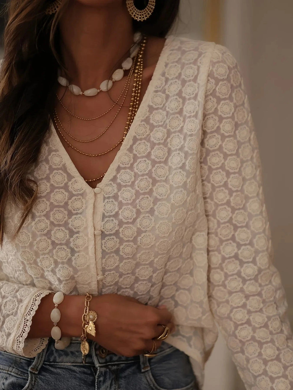 Lace Button Up Long Sleeve Shirt - ShalayeFashion