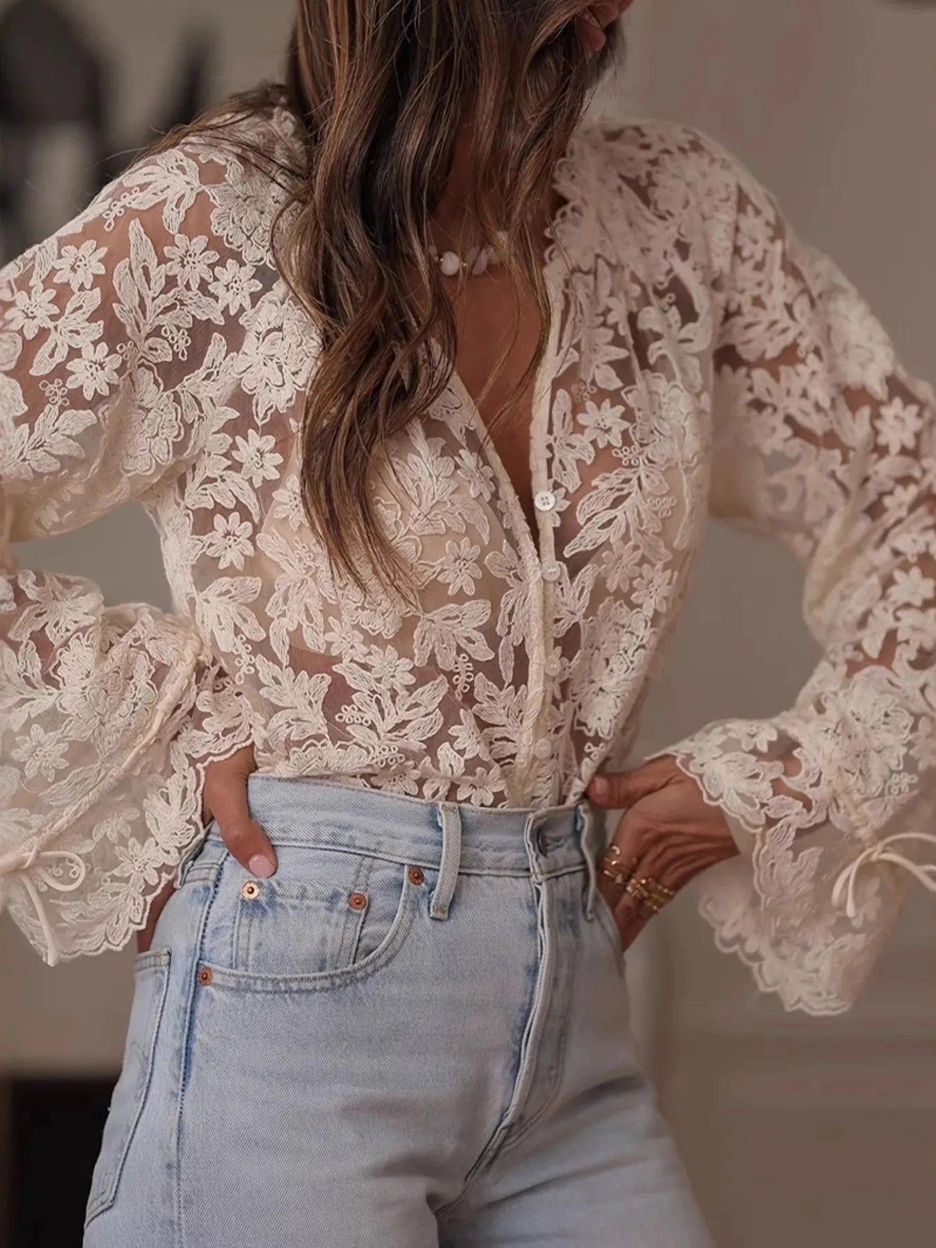 Lace Button Up Long Sleeve Shirt - ShalayeFashion