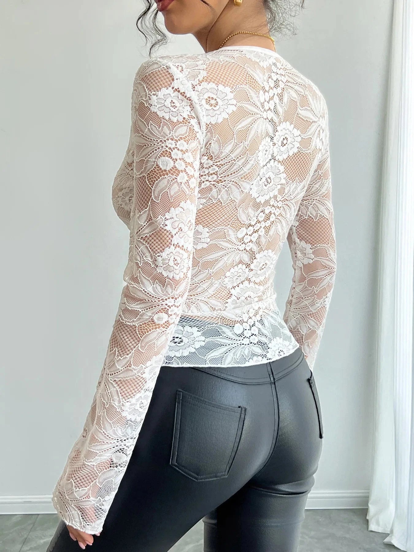 Lace Deep V - Neck Long Sleeve T-Shirt - ShalayeFashion