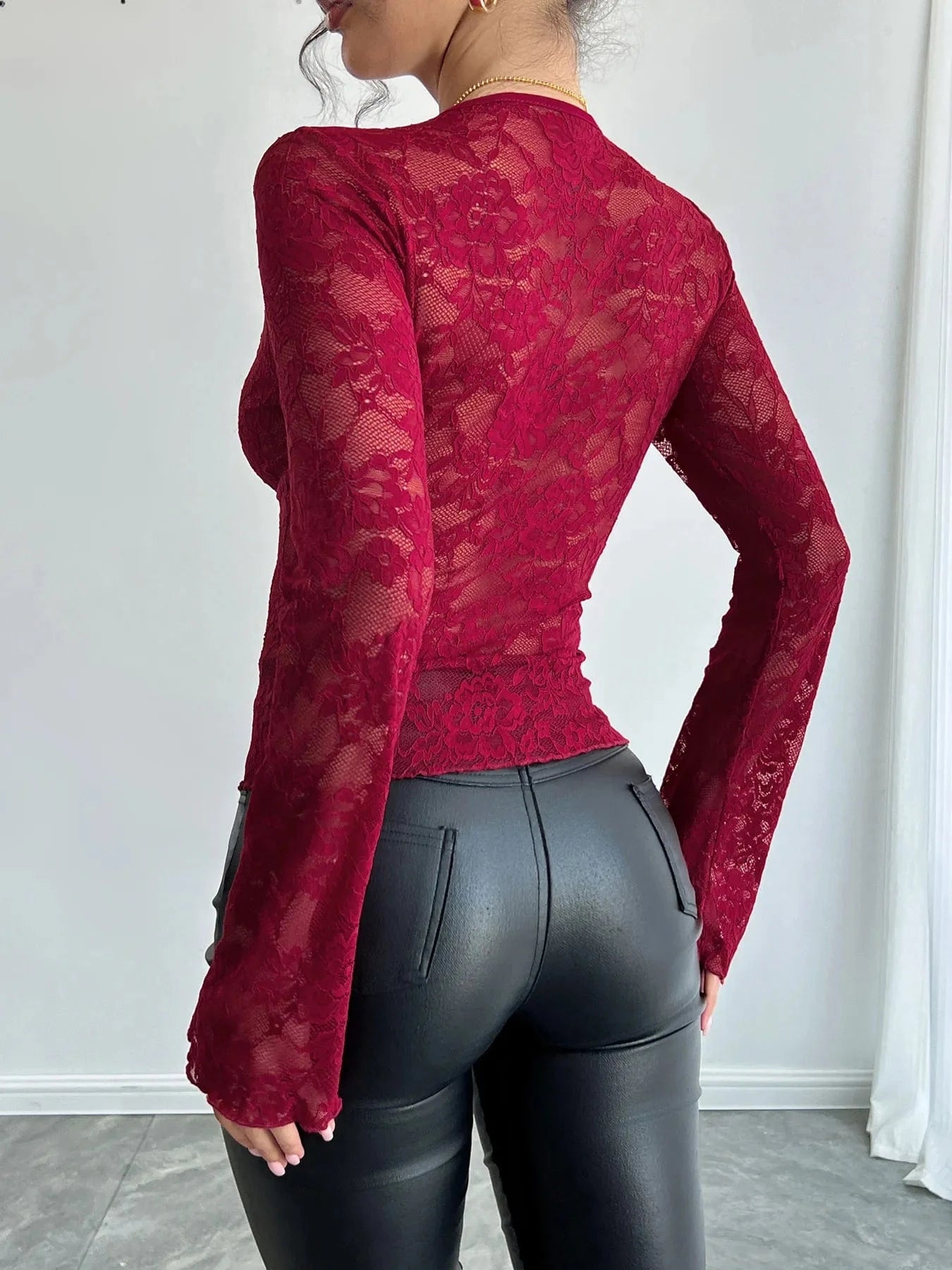 Lace Deep V - Neck Long Sleeve T-Shirt - ShalayeFashion