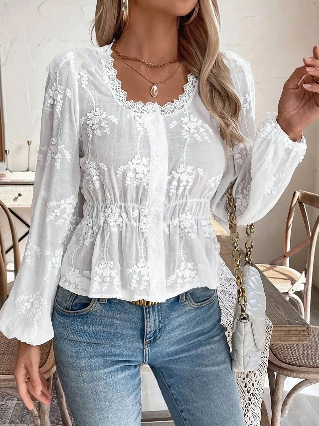 Lace Detail Button Up Shirt - ShalayeFashion