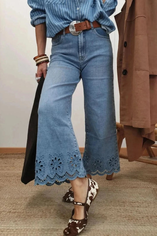 Lace Detail Cropped Wide Leg Jeans - ShalayeFashion