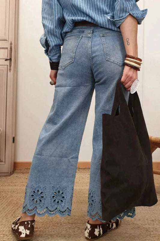 Lace Detail Cropped Wide Leg Jeans - ShalayeFashion