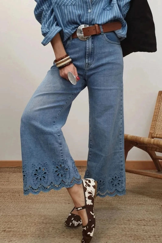 Lace Detail Cropped Wide Leg Jeans - ShalayeFashion