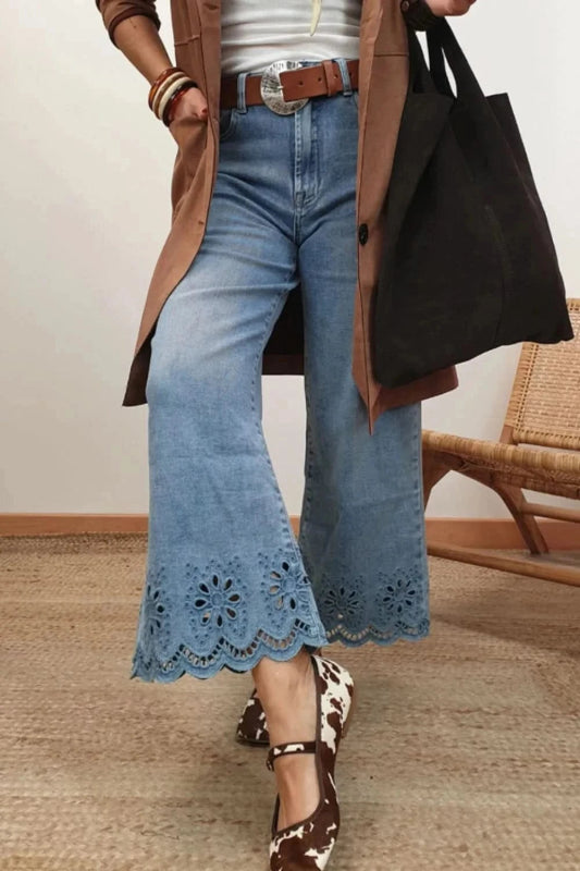 Lace Detail Cropped Wide Leg Jeans - ShalayeFashion