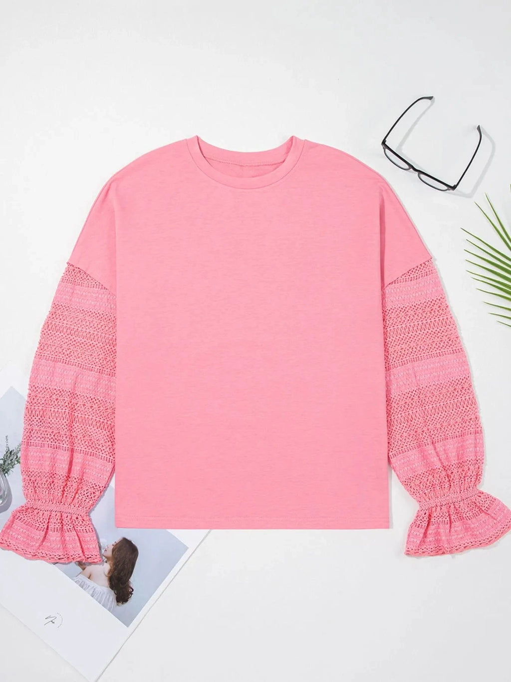Lace Detail Flounce Sleeve Sweatshirt - ShalayeFashion