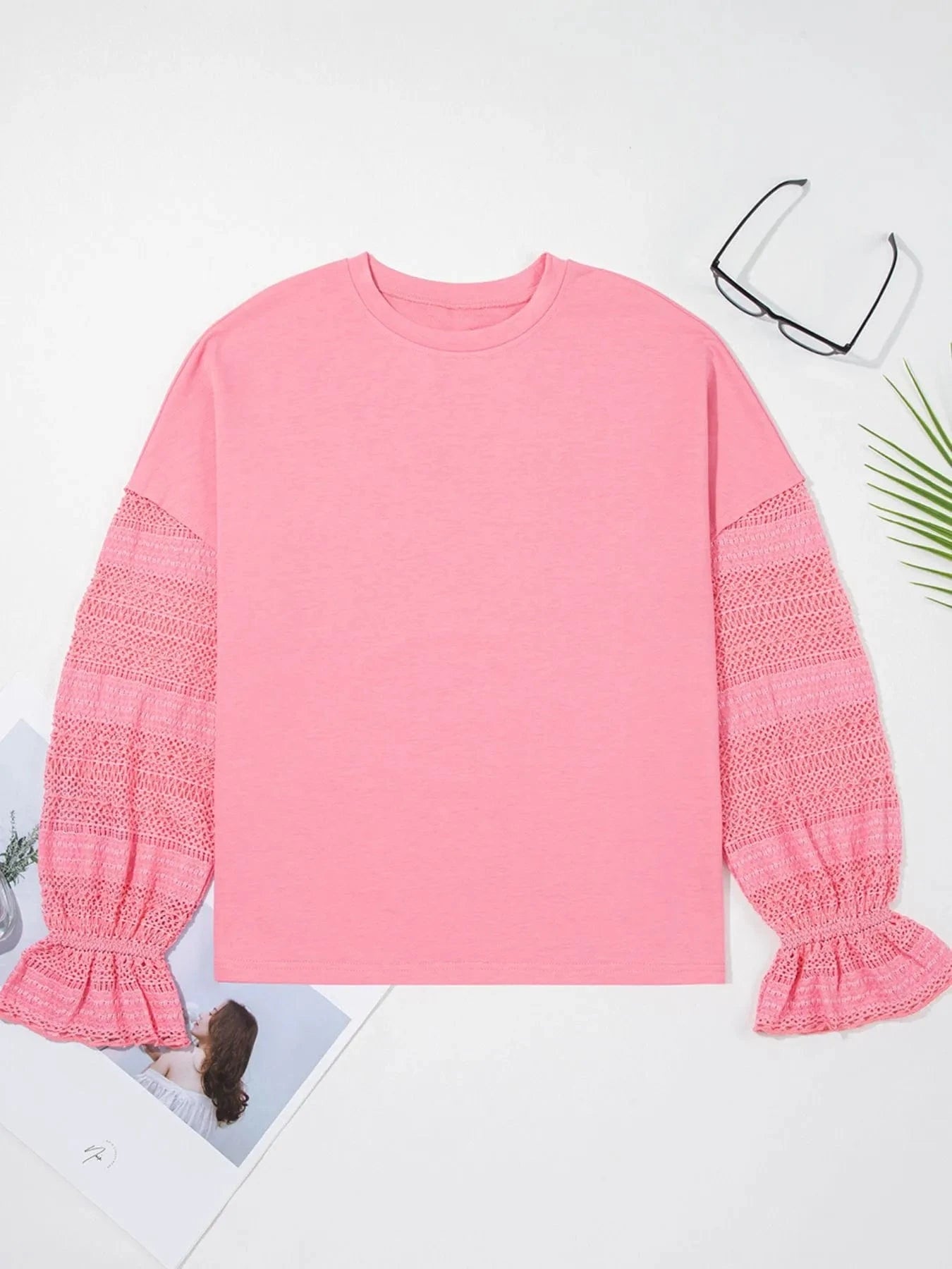 Lace Detail Flounce Sleeve Sweatshirt - ShalayeFashion