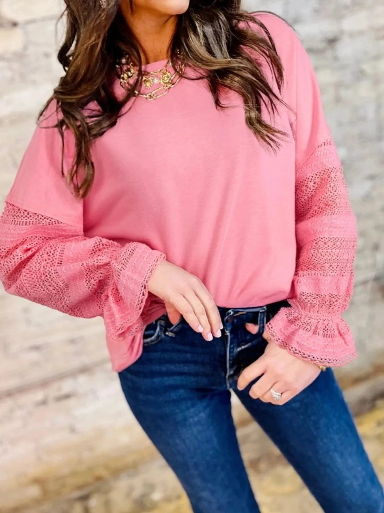 Lace Detail Flounce Sleeve Sweatshirt - ShalayeFashion