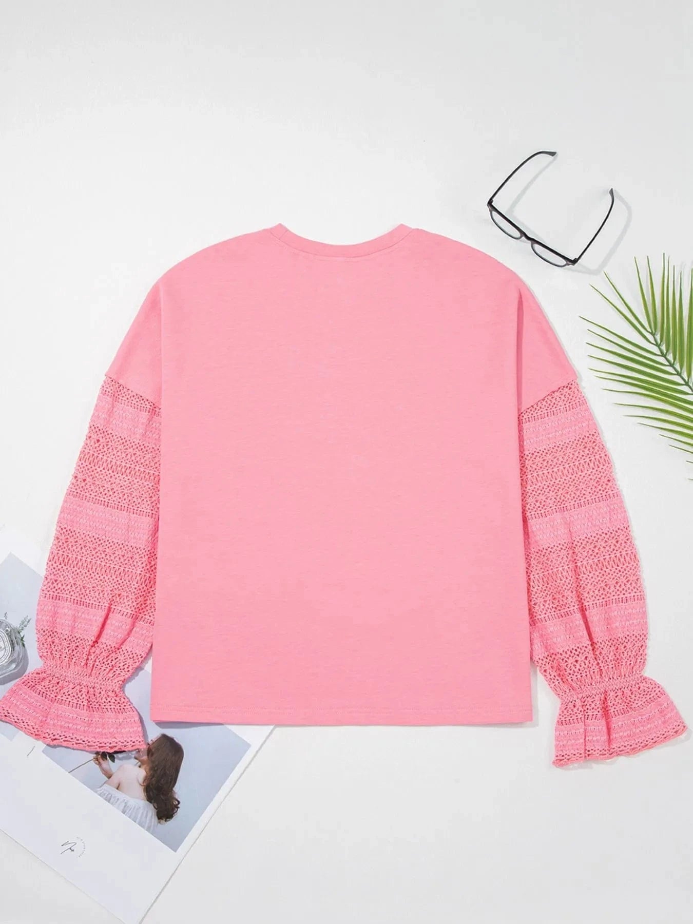Lace Detail Flounce Sleeve Sweatshirt - ShalayeFashion