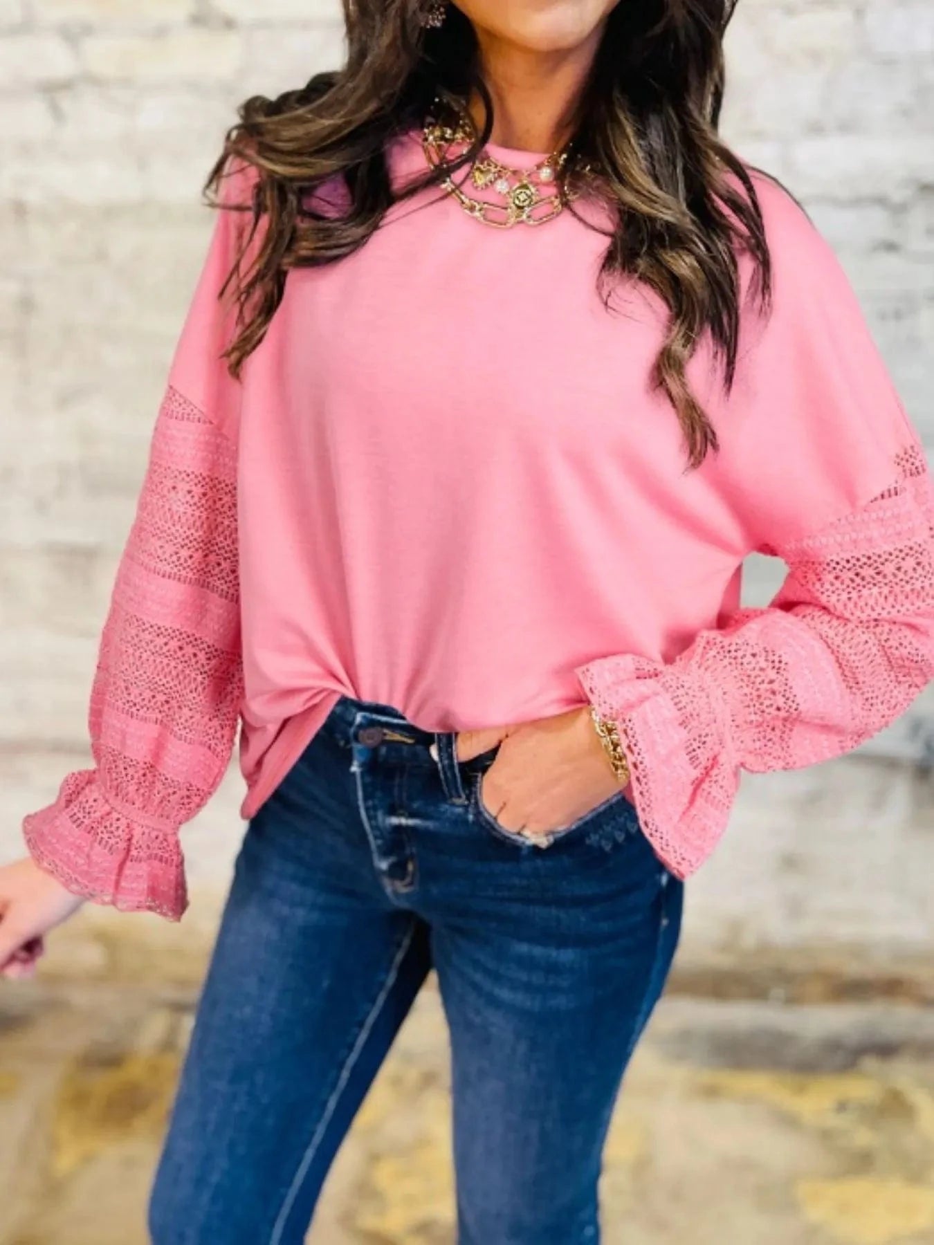 Lace Detail Flounce Sleeve Sweatshirt - ShalayeFashion