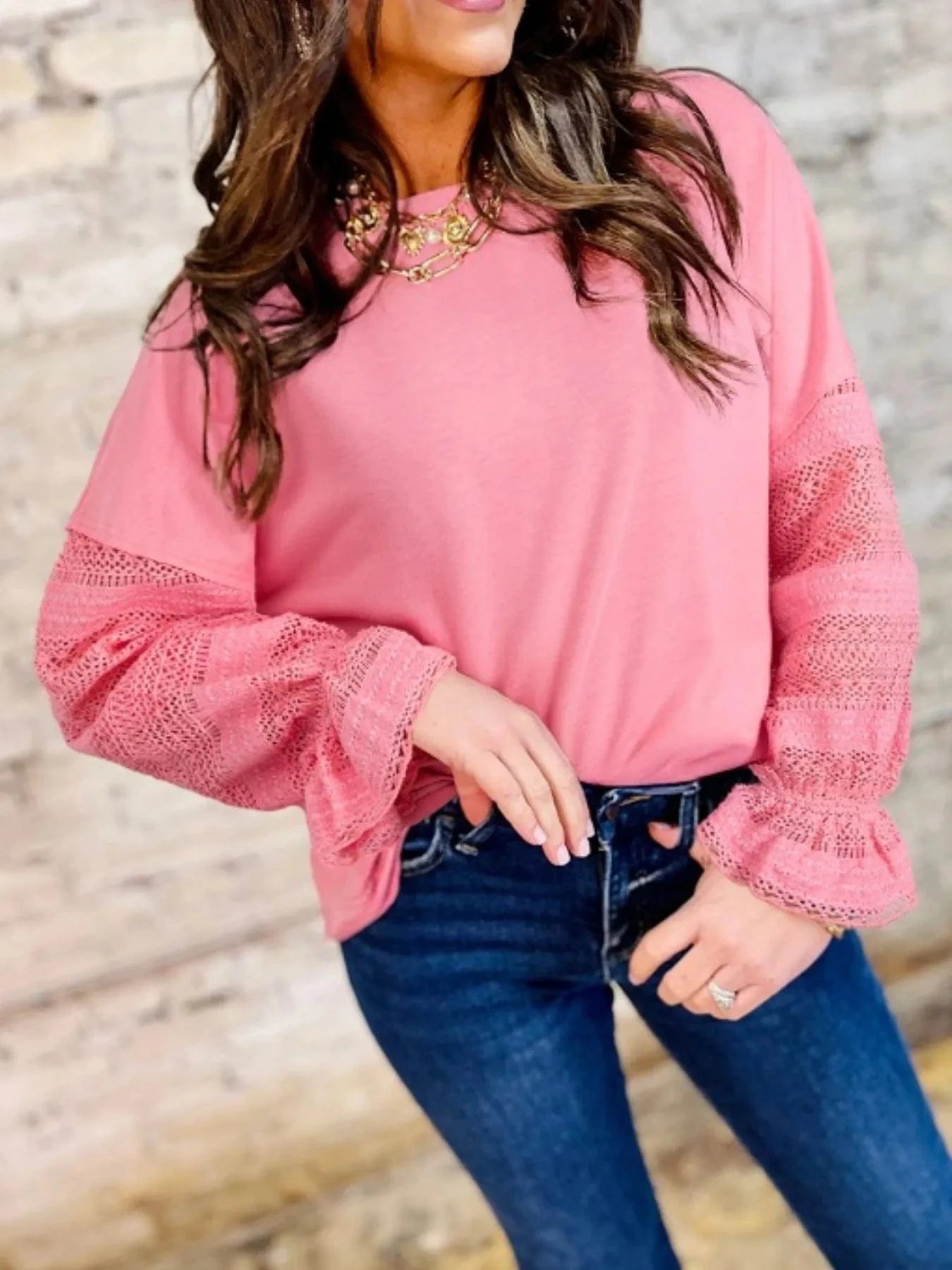 Lace Detail Flounce Sleeve Sweatshirt - ShalayeFashion