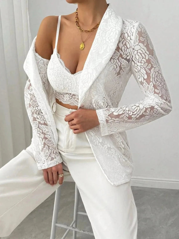 Lace Lapel Collar Long Sleeve Blazer - ShalayeFashion